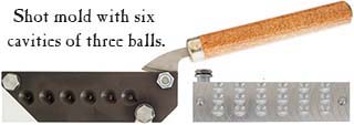 Lee Buckshot Mold, .320" diameter No. 0 buckshot,
18 cavity, six (6) stacks of three (3) balls, with cam-action sprue plate,
requires #LEE-HANDLE