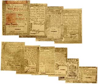 Paper Money Set by Benjamin Franklin,
reproduction of 10 bills from 1739 to 1764
