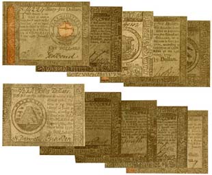 Revolutionary War Paper Money Set ,
reproduction of 10 bills from 1775 to 1779