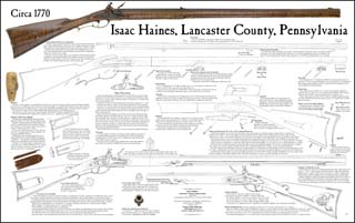 Plan Drawing,
in the style of Isaac Haines,
1770 era Lancaster County longrifle,
full size drawing with full size color photo