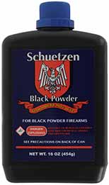 Black powder, SCHUETZEN, 1 pound, made in Germany, FFFF extra fine granulation for priming flintlocks. Shipped in full cases, 25 one pound cans, any mix of granulations, any mix of brands. 