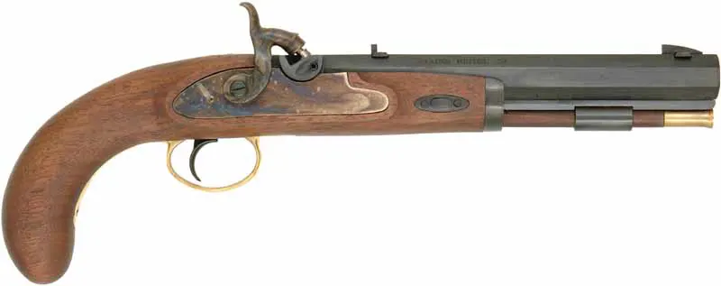 Ramrod for Lyman Plains Pistol, 
3/8" stained hickory, 8-1/4" long. 
Brass tips are  threaded 8-32 at flared front, and 10-32 at rear.
Made in the U.S.A.