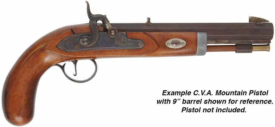 Ramrod for CVA Mountain Pistol, 
3/8" stained hickory, 8-3/8" long.
Brass tips are  threaded 8-32 at flared front, and 10-32 at rear.
Made in the U.S.A. 
