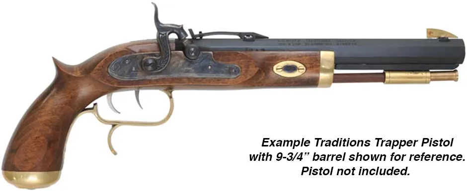 Ramrod for Traditions Trapper Pistol, 
9mm hickory, 9-1/4" long.
Brass tips are  threaded 8-32 at flared front, and 10-32 at rear.
Made in the U.S.A.