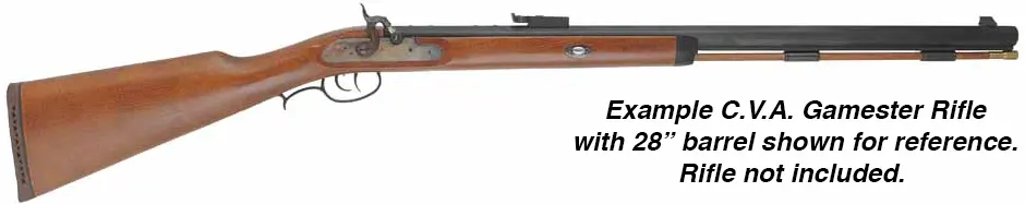 Ramrod for CVA Gamester,
3/8" stained hickory, 19-1/8" long. 
Brass tips are threaded 10-32 at rear, 8-32 at front.
Made in the U.S.A. 