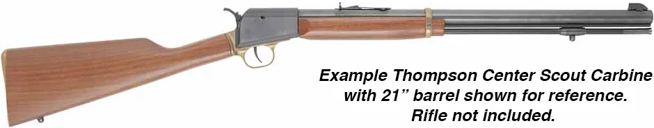 Ramrod for Thompson Center Scout Carbine, 
3/8" brown Delrin nylon, 20- 5/8" long for 21" barrel. 
Blued steel tips are threaded 10-32 at rear, 8-32 at front. 
Made in the U.S.A. 