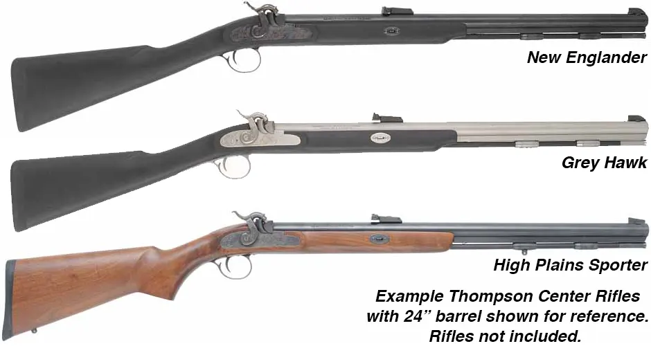 Ramrod for Thompson Center New Englander Rifle, 
3/8" stained hickory, 25" long. 
Brass tips are  threaded 10-32 at rear, 8-32 at front.
Made in the U.S.A.