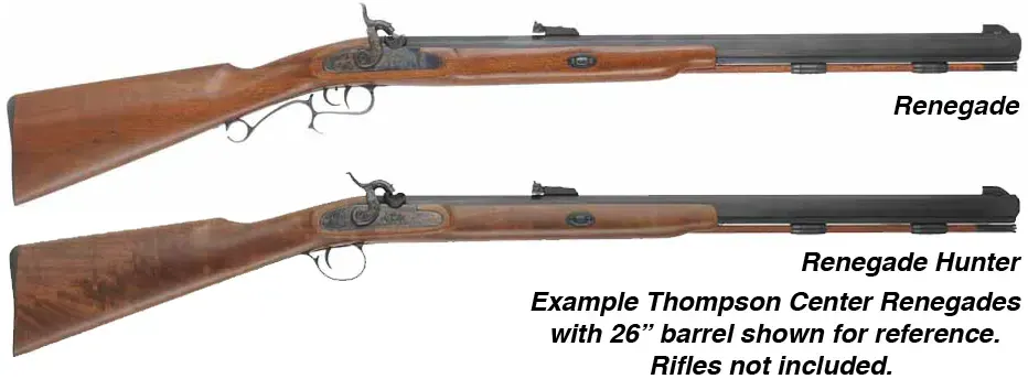 Ramrod for Thompson Center Renegade Rifle, 
3/8" brown Delrin nylon, 26-5/8" long. 
Brass tips are  threaded 10-32 at rear, with tempered steel ball puller hidden under the .54 caliber cleaning jag.
Made in the U.S.A. 