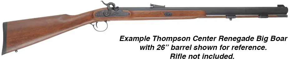 Ramrod for Thompson Center Big Boar Rifle, 
3/8" brown Delrin nylon, 26-5/8" long. 
Brass tips are  threaded 10-32 at rear, with tempered steel ball puller hidden under the .58 caliber cleaning jag.
Made in the U.S.A. 