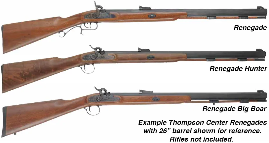 Ramrod for Thompson Center Renegade, Renegade Hunter, and Big Boar Rifle,
3/8" stained hickory, 26-5/8" long. 
Blued steel tips are threaded 10-32 at rear, 8-32 at front.
Made in the U.S.A. 