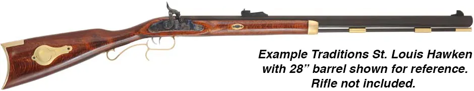 Ramrod for Traditions St. Louis Hawken Rifle,
9mm (.354") stained hickory, 27-1/4" maximum length.
Flared brass tip threaded 8-32 at front, 10-32 thread at rear. 
Made in the U.S.A. 