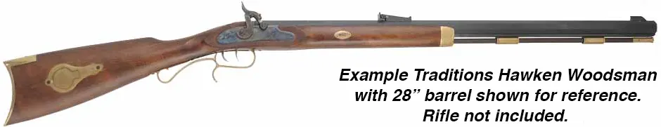 Ramrod for Traditions Prairie Hawken & Woodsman Rifle,
9mm (.354")  hickory, 27-3/8" maximum length.
Flared brass tip threaded 8-32 at front, 10-32 thread at rear. 
Made in the U.S.A. 

