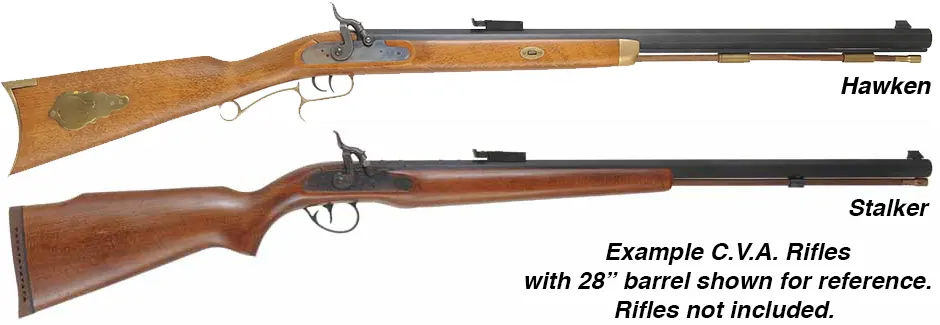 Ramrod for CVA Hawken or Stalker Rifle,
9mm brown Delrin nylon, 27-1/2" long. 
Brass tips are threaded 10-32 at rear, 8-32 at front.
Made in the U.S.A. 