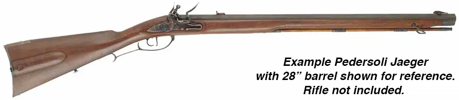 Ramrod for Davide Pedersoli D.G.W. American Jaeger Rifle,
9mm brown Delrin nylon, 27-1/2" long. 
Brass tips are threaded 10-32 at rear, 10-32 at front.
Made in the U.S.A. 
