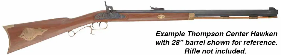 Ramrod for Thompson Center Hawken, 
3/8" brown Delrin nylon, 28-5/8" long. 
Brass tips are  threaded 10-32 at rear, with tempered steel ball puller hidden under the .45 caliber cleaning jag.
Made in the U.S.A.