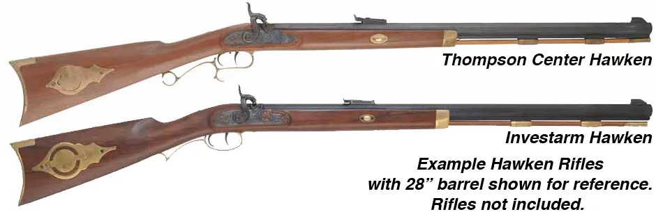 Ramrod for Thompson Center Hawken, Cabela's Hawken, Investarm Hawken,
3/8" brown Delrin nylon, 28-5/8".
Flared brass tip, threaded 8-32 at front, 10-32 at rear. 
Made in the U.S.A.