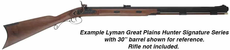 Ramrod for Lyman Signature Series Great Plains Hunter by Davide Pedersoli & Co,
3/8" stained hickory, 29-1/8" long.
Flared brass tip threaded 8-32 at front, 10-32 thread at rear.
Made in the U.S.A.