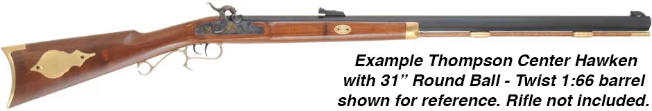 Ramrod for Thompson Center Hawken with Factory Round Ball Twist Barrel, 
3/8" brown Delrin nylon, 30-5/8" long. 
Brass tips are  threaded 10-32 at rear, with tempered steel ball puller hidden under the .50 caliber cleaning jag.
Made in the U.S.A.