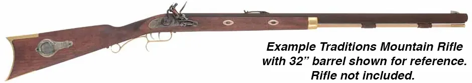 Ramrod for Traditions Mountain Rifle,
9mm (.354") brown Delrin nylon, 31-1/2" long. 
Brass tips are threaded 10-32 at rear, 8-32 at front.
Made in the U.S.A.