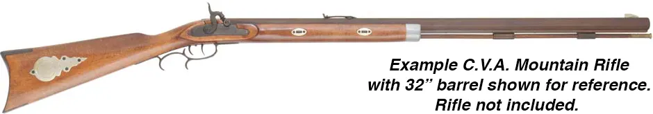 Ramrod for CVA Mountain Rifle,
9mm brown Delrin nylon, 31-3/4" long. 
Brass tips are  threaded 10-32 at rear, with tempered steel ball puller hidden under the .54 caliber cleaning jag.
Made in the U.S.A.