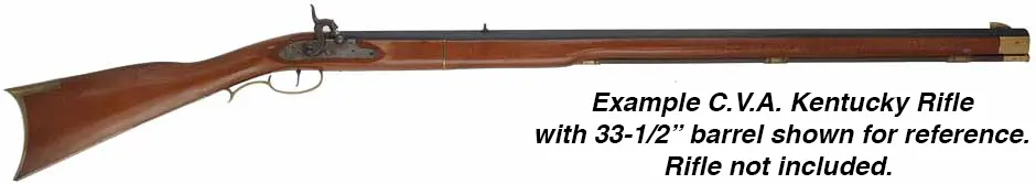 Ramrod for CVA Kentucky Rifle,
9mm stained hickory, 32-3/4" long.
Flared brass tip threaded 8-32 at front, 10-32 thread at rear.  
Made in the U.S.A.