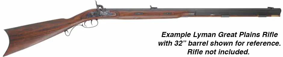 Ramrod for older Lyman Great Plains Rifle by Investarms or Green Mountain barrel,  
3/8" stained hickory, 33" long.
Flared brass tip threaded 8-32 at front, 10-32 thread at rear. 
Made in the U.S.A.