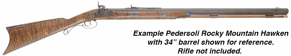 Ramrod for Davide Pedersoli's Rocky Mountain Hawken in  ..50, or larger caliber,
3/8" stained hickory, 33-7/8" long. 
Brass tip threaded 10-32 at front and rear.
Made in the U.S.A.