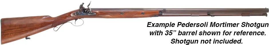 Ramrod for Mortimer 12 gauge shotgun by Davide Pedersoli, 
3/8" tapered hickory, 34-7/8" long.
Brass tips, with tempered steel ball puller hidden under the end cap. 
Made in the U.S.A.