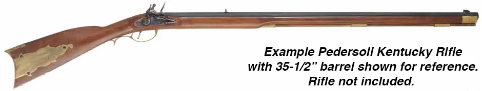 Ramrod for Davide Pedersoli's Kentucky longrifle in  .45, .50, or larger caliber,
9mm (.35") stained hickory, 35-5/8" long. 
Brass tip threaded 10-32 at front and rear.
Made in the U.S.A.