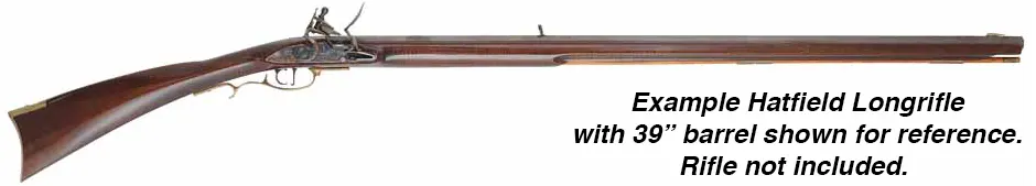 Ramrod for a Hatfield longrifle in .45, .50, or larger caliber,
 9mm (.354") stained hickory, 38-3/4" long. 
Brass tips threaded 10-32 at front and rear. 
Made in the U.S.A.