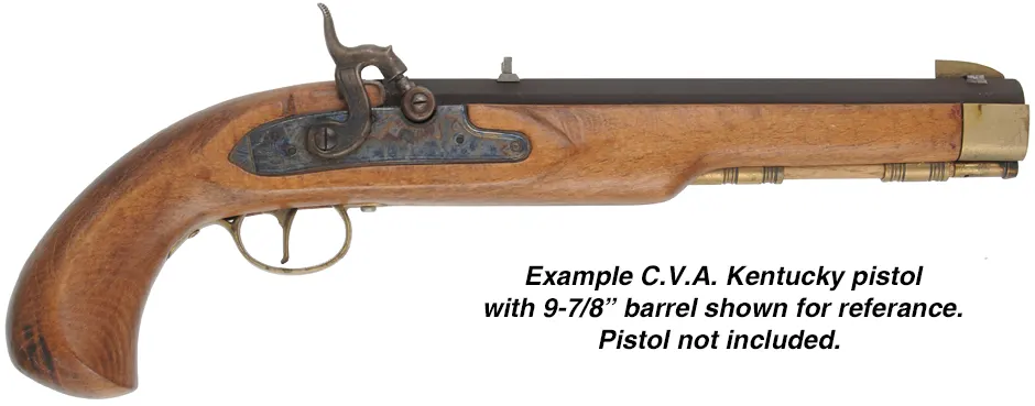 Ramrod for C.V.A. Kentucky Pistol, 
5/16" stained hickory, 9-3/8" long. 
Brass tips are  threaded 8-32 at flared front, and 10-32 at rear.  
Made in the U.S.A.