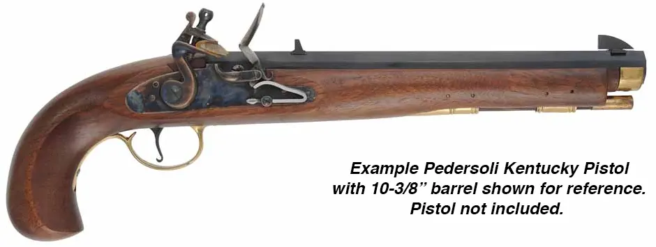 Ramrod for Kentucky Pistol by Davide Pedersoli & Co.
5/16"  stained hickory, 9-13/16" long.
Brass tips threaded 10-32 thread at front and rear.  
Made in the U.S.A. 