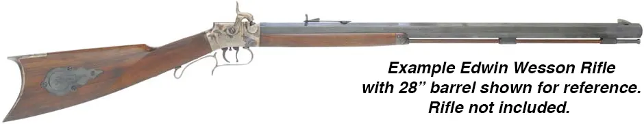 Ramrod for the Edwin Wesson Rifle, 
5/16" stained hickory, 28-1/4" long. 
Steet tips are  threaded 8-32 at flared front, and 10-32 at rear.
Made in the U.S.A. 