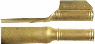 Ramrod pipe, brass, entry pipe with thumbnail skirt, deluxe round with ringed ends, for 5/16" ramrod