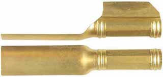 Ramrod pipe, brass, entry pipe with skirt, Golden Age, octagon with ringed ends, for 5/16" ramrod