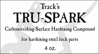 Tru-Spark,
Carbonitriding Surface Hardening Compound,
with Track's detailed instructions for best frizzen sparking,
safe, easy to use in a home workshop, non-toxic,
4 oz., made in the USA