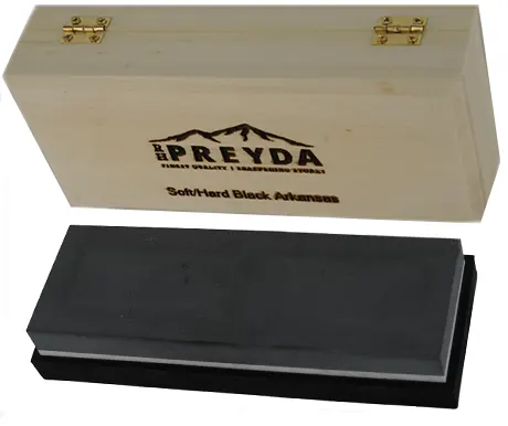 Double Side Whet Stone,
2 x 6" stones, medium and very fine cut,
non-slip base, wood storage box